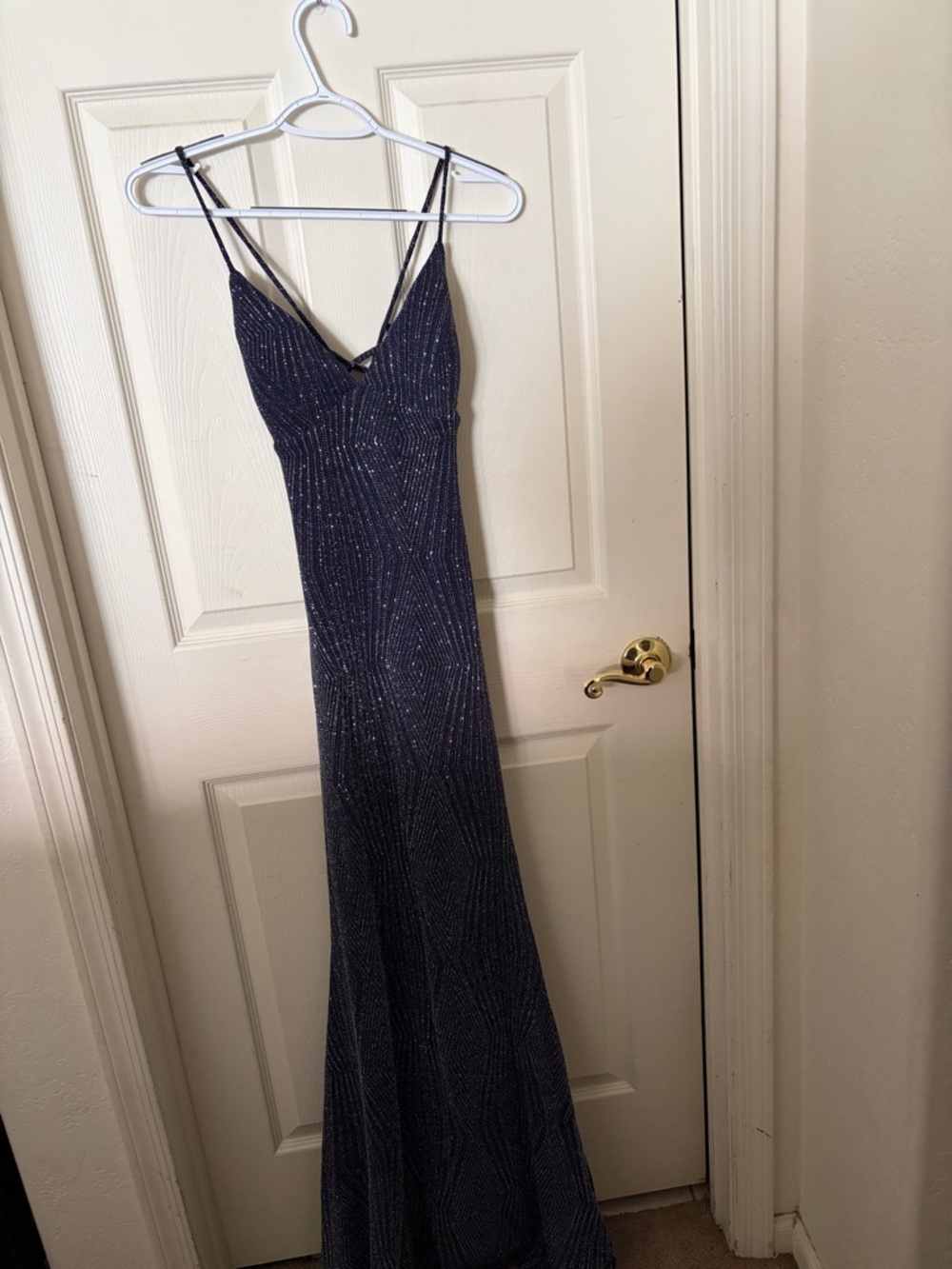 Windsor Navy Sparkle V‑Neck Spaghetti Strap Gown size Small